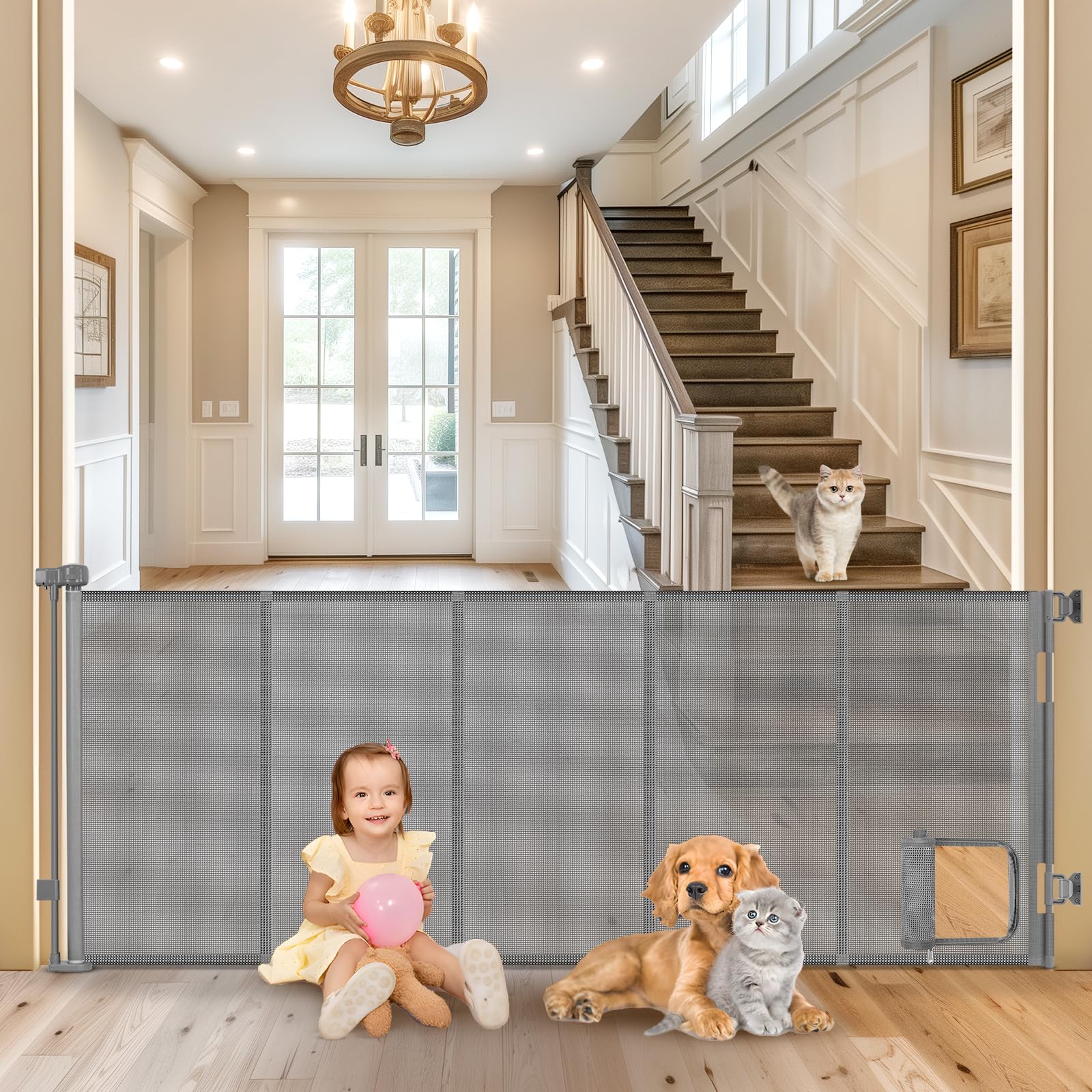 Sair Pet reinforced 90-inch gate side view shows wide opening containment for pets