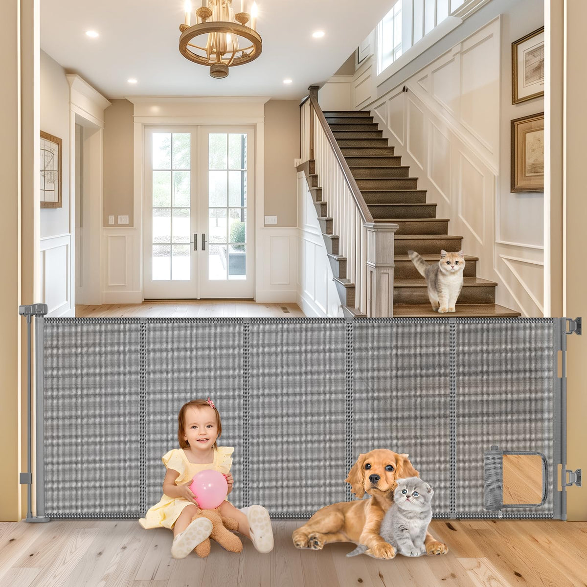 Sair Pet reinforced 90-inch gate side view shows wide opening containment for pets