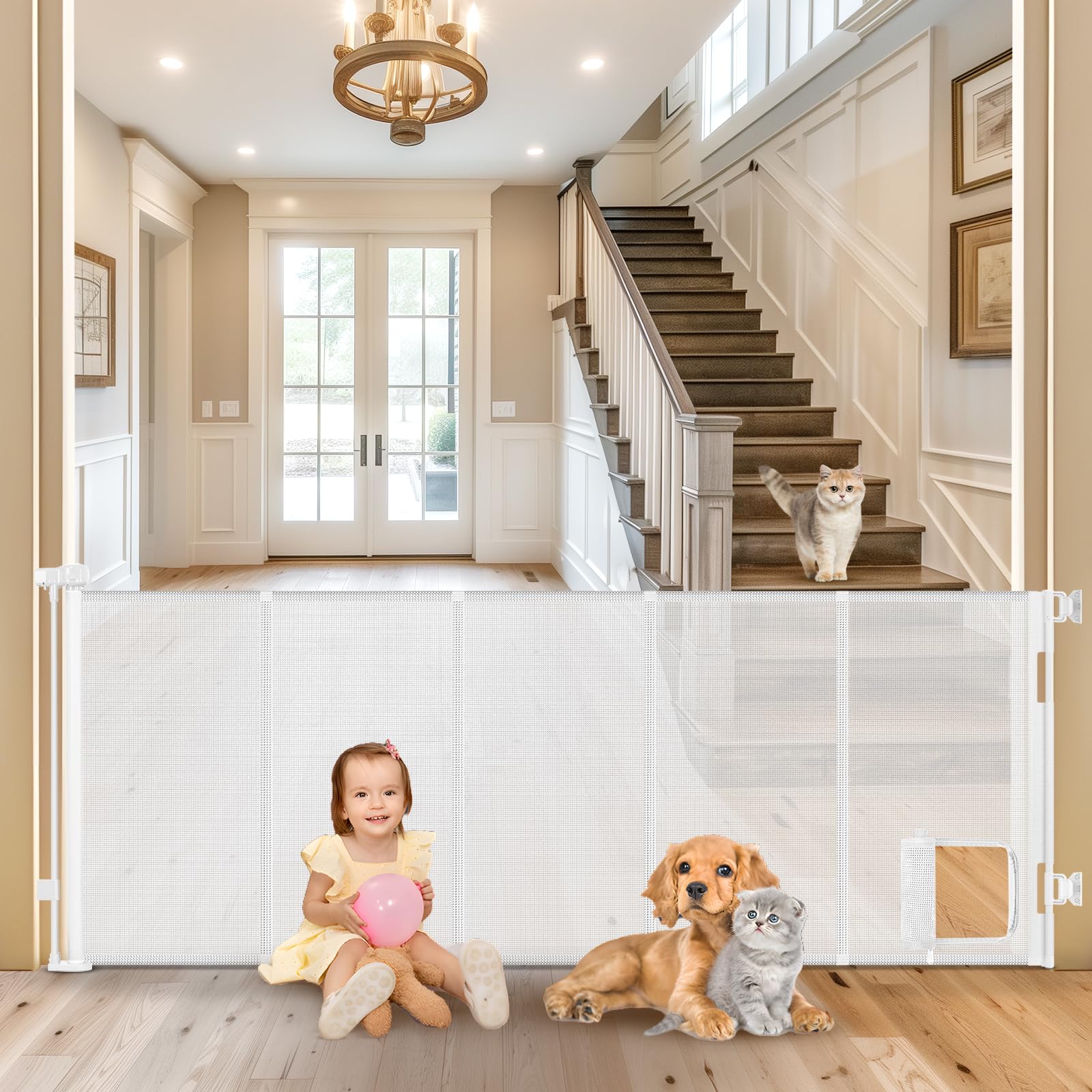 Sair pet reinforced 90-inch gate with cat door keeps pets contained.