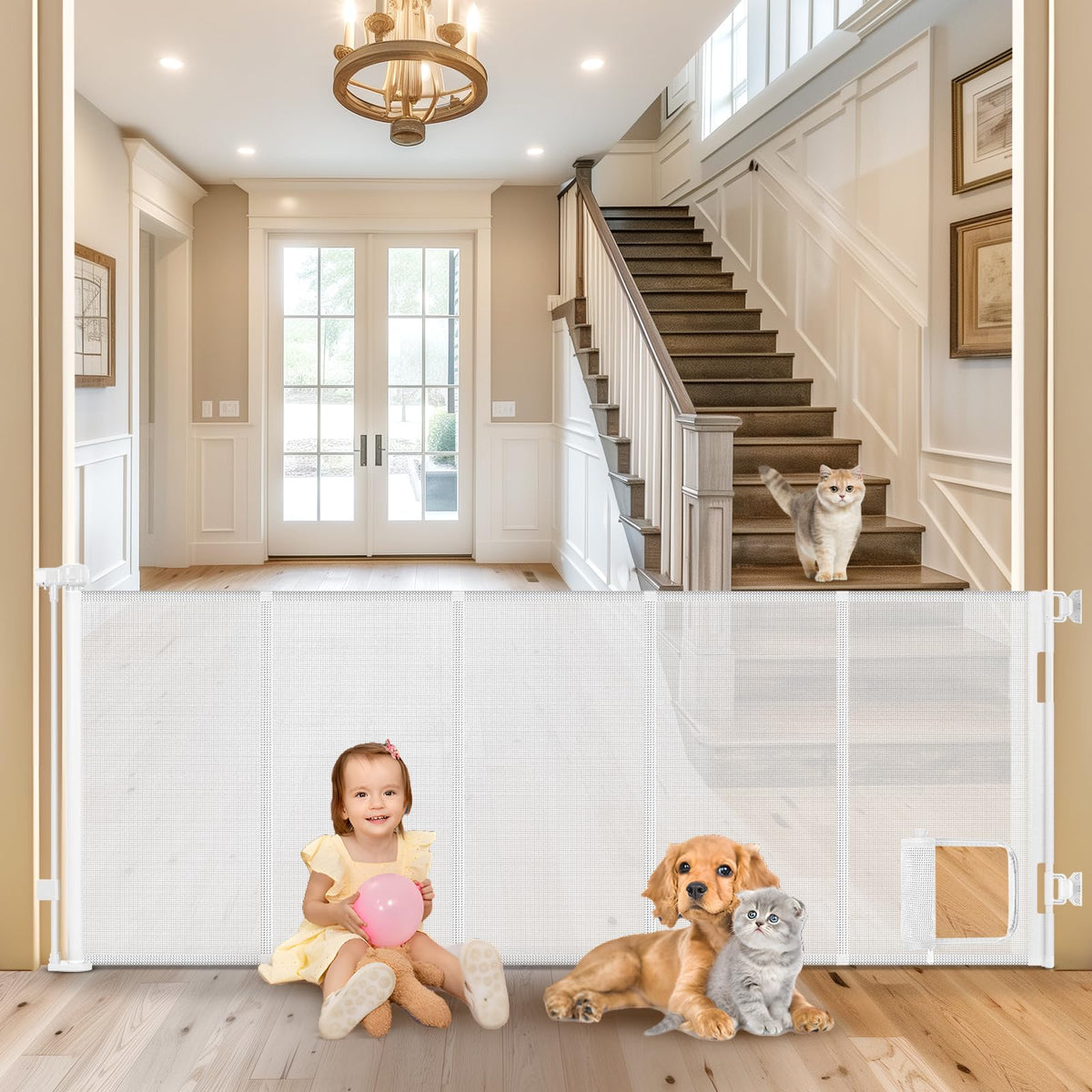 Sair pet reinforced 90-inch gate with cat door keeps pets contained.