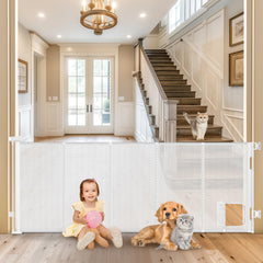 Sair pet reinforced 90-inch gate with cat door keeps pets contained.