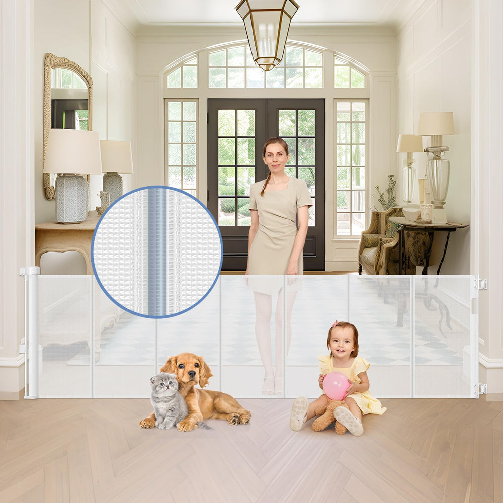 Sair Pet reinforced 90-inch wide gate front view for safe doorway barrier and smooth retractability