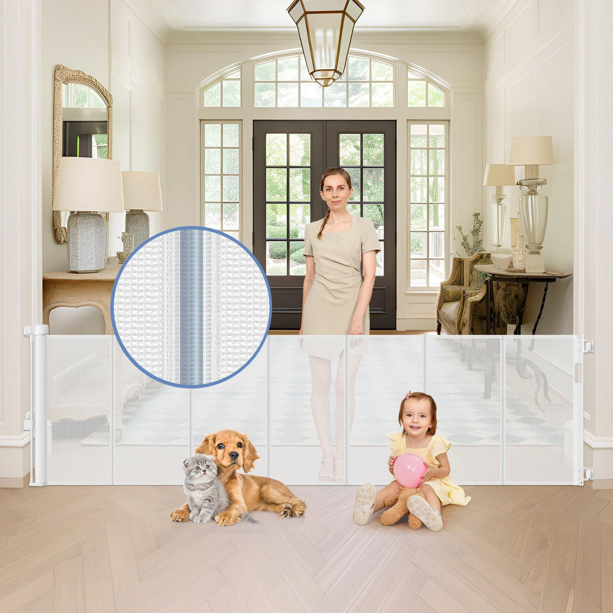 Sair Pet reinforced 90-inch wide gate front view for safe doorway barrier and smooth retractability