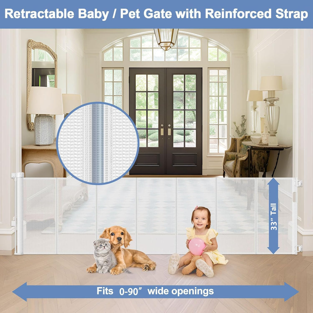 Sair Pet gate side-mount installation showing adjustable brackets for baseboard fit