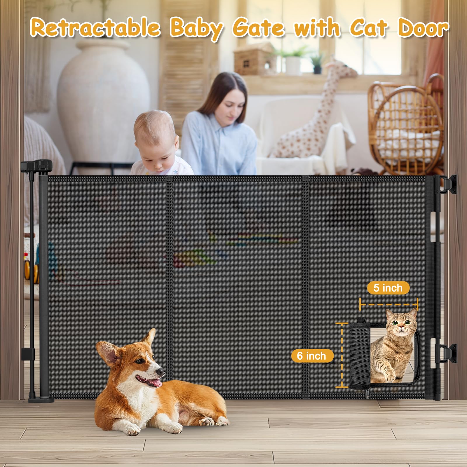Sair pet reinforced gate with cat door open enables easy cat in-and-out access