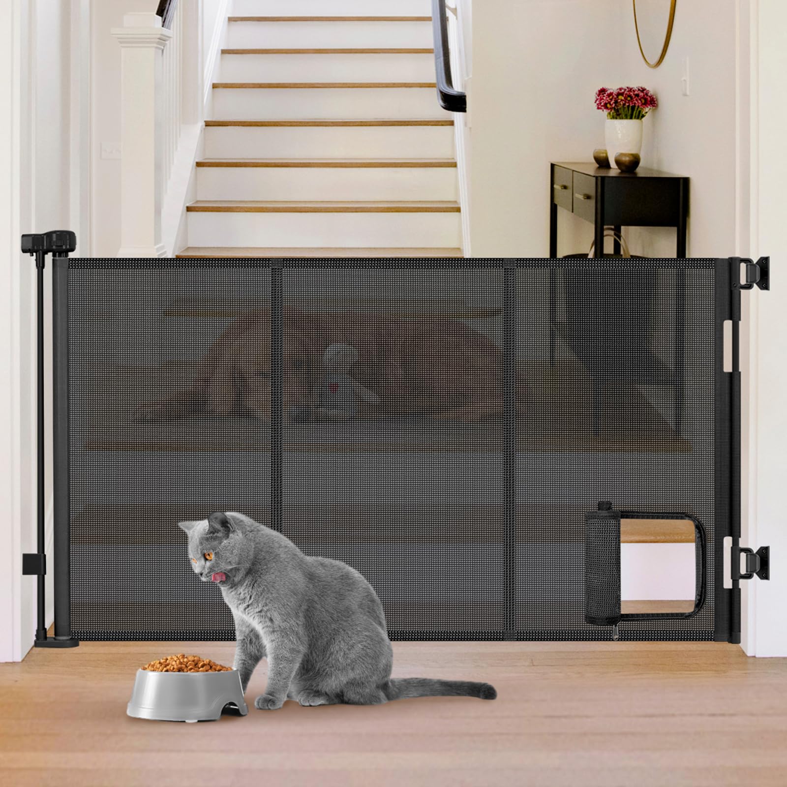 Sair pet reinforced gate with cat door extended width keeps spaces flexible and safe