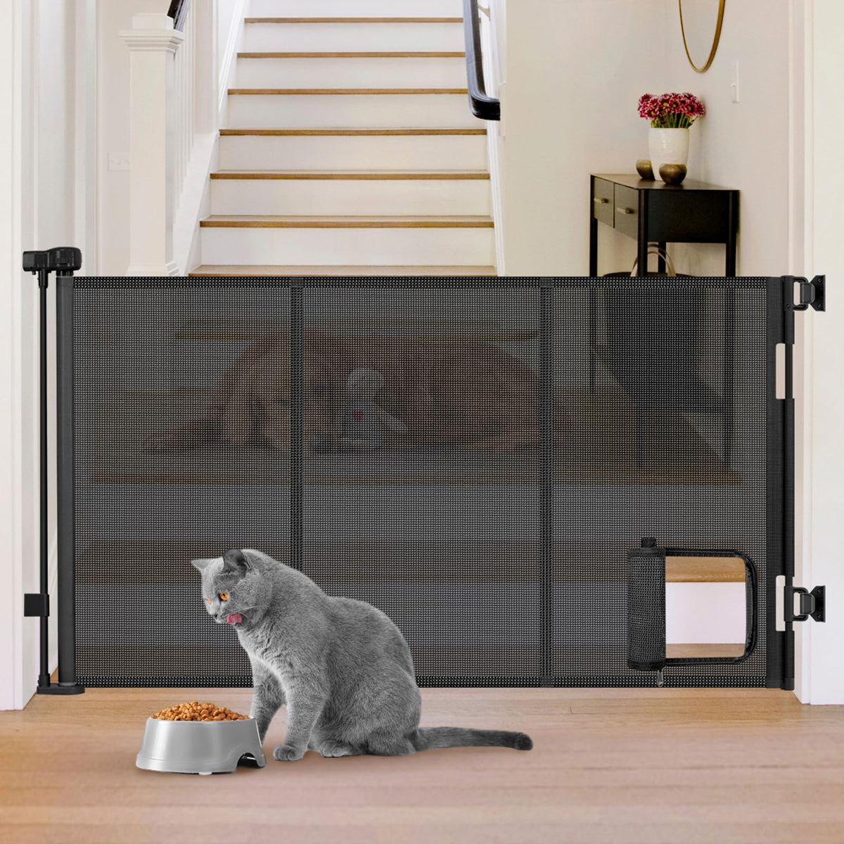 Sair pet reinforced gate with cat door extended width keeps spaces flexible and safe