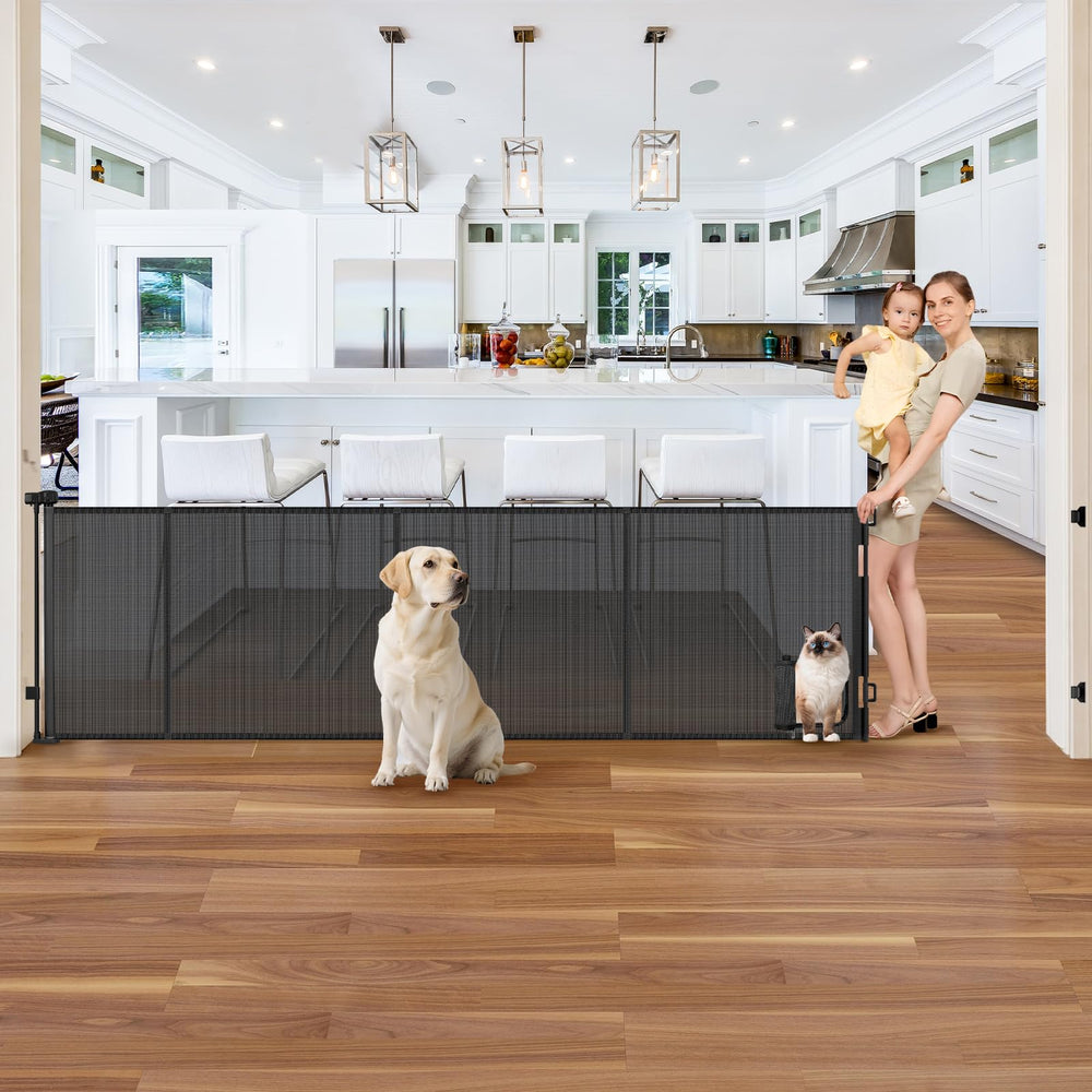 Sair pet reinforced retractable gate front view secures entryways for pets