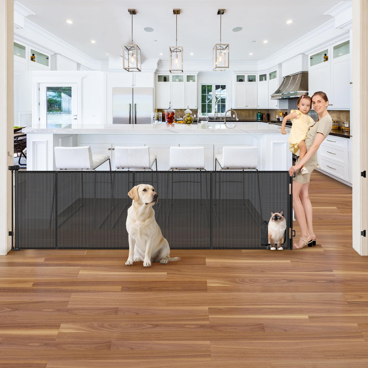Sair pet reinforced retractable gate front view secures entryways for pets