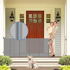 Sair pet reinforced retractable gate top view shows sturdy mesh for safe pets