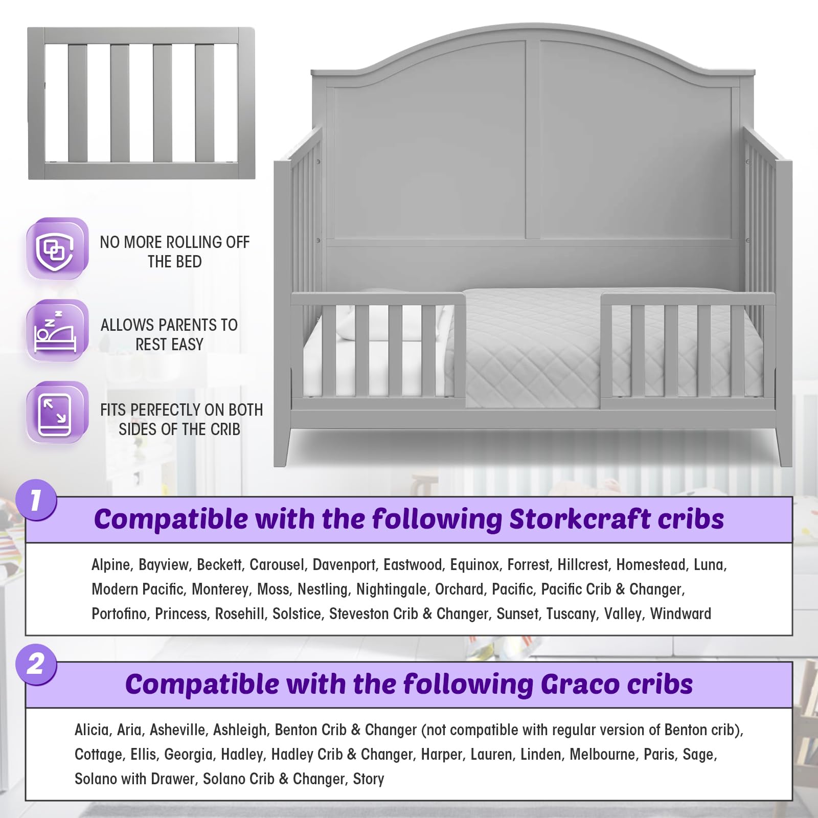 Salcod guardrail gray finish closeup reveals smooth wood surface and child-friendly details
