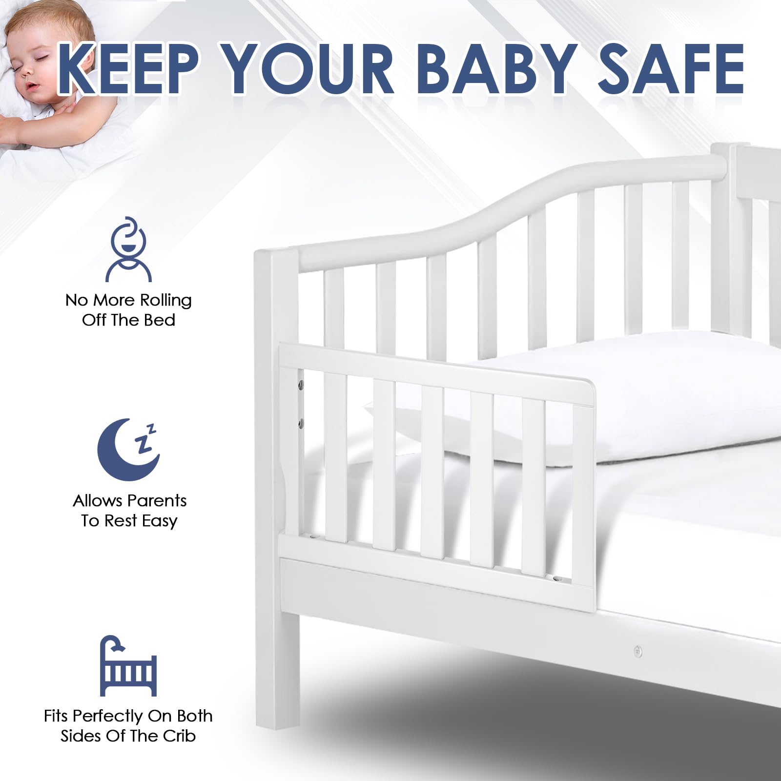 Salcod Toddler Crib Guardrail assembly-white demonstrates easy, tool-free installation.