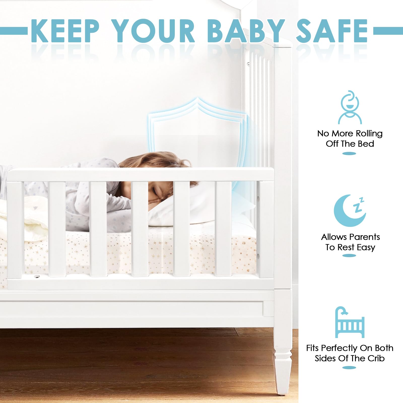 Salcod guardrail attaches securely to Charlie crib for a stable conversion.
