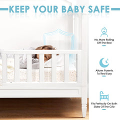 Salcod guardrail attaches securely to Charlie crib for a stable conversion.