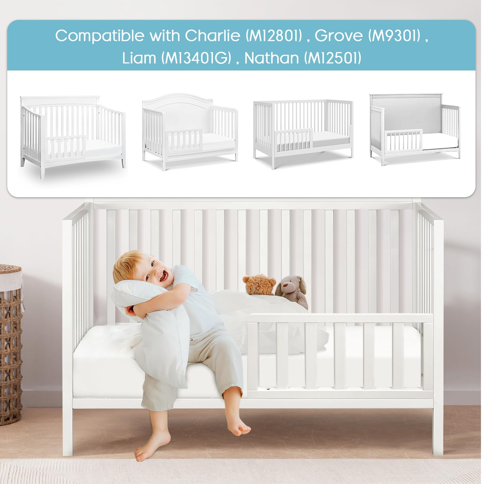Salcod guardrail attaches securely to Nathan crib for toddler bed use.