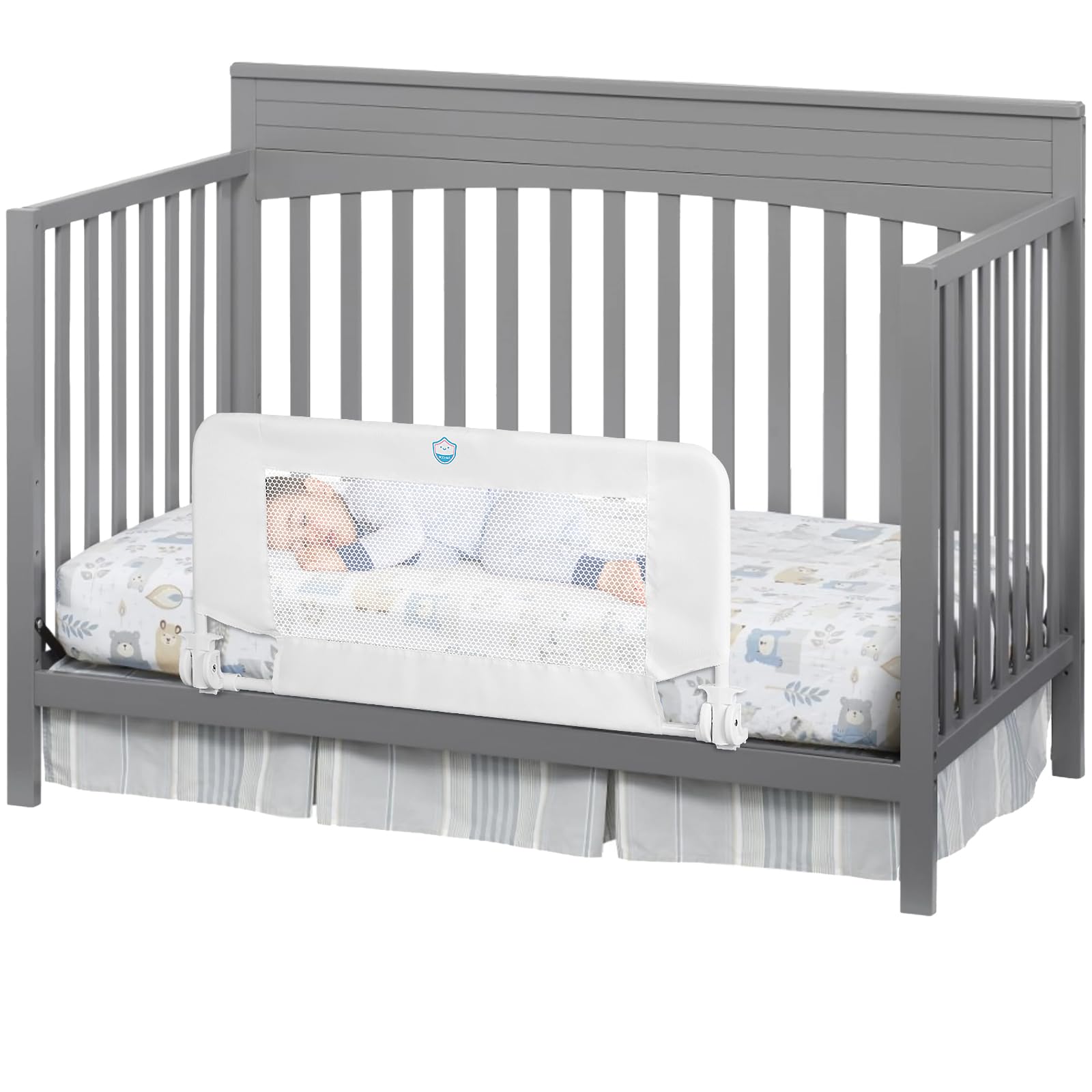 Salcod universal swing-down crib rail guard assembly showing tool-free setup for quick compatibility