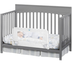 Salcod universal swing-down crib rail guard assembly showing tool-free setup for quick compatibility