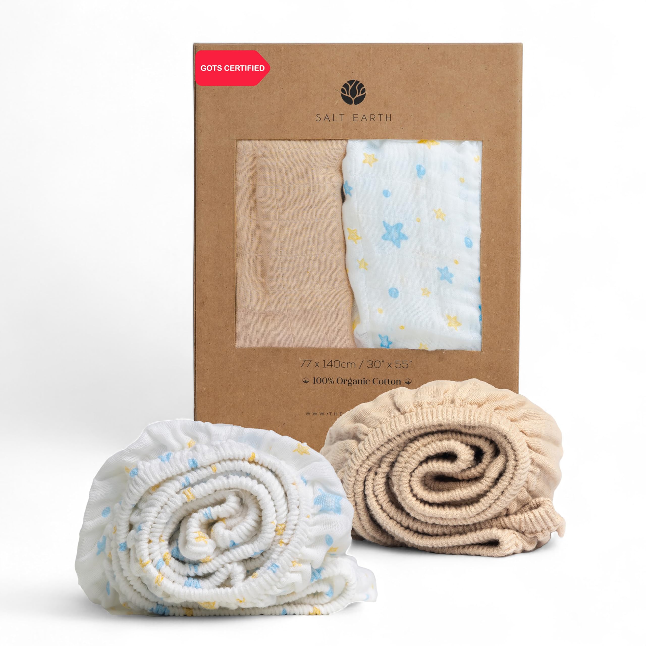 Salt Earth crib sheet beige blue star closeup highlights soft muslin texture for gentle sleep.