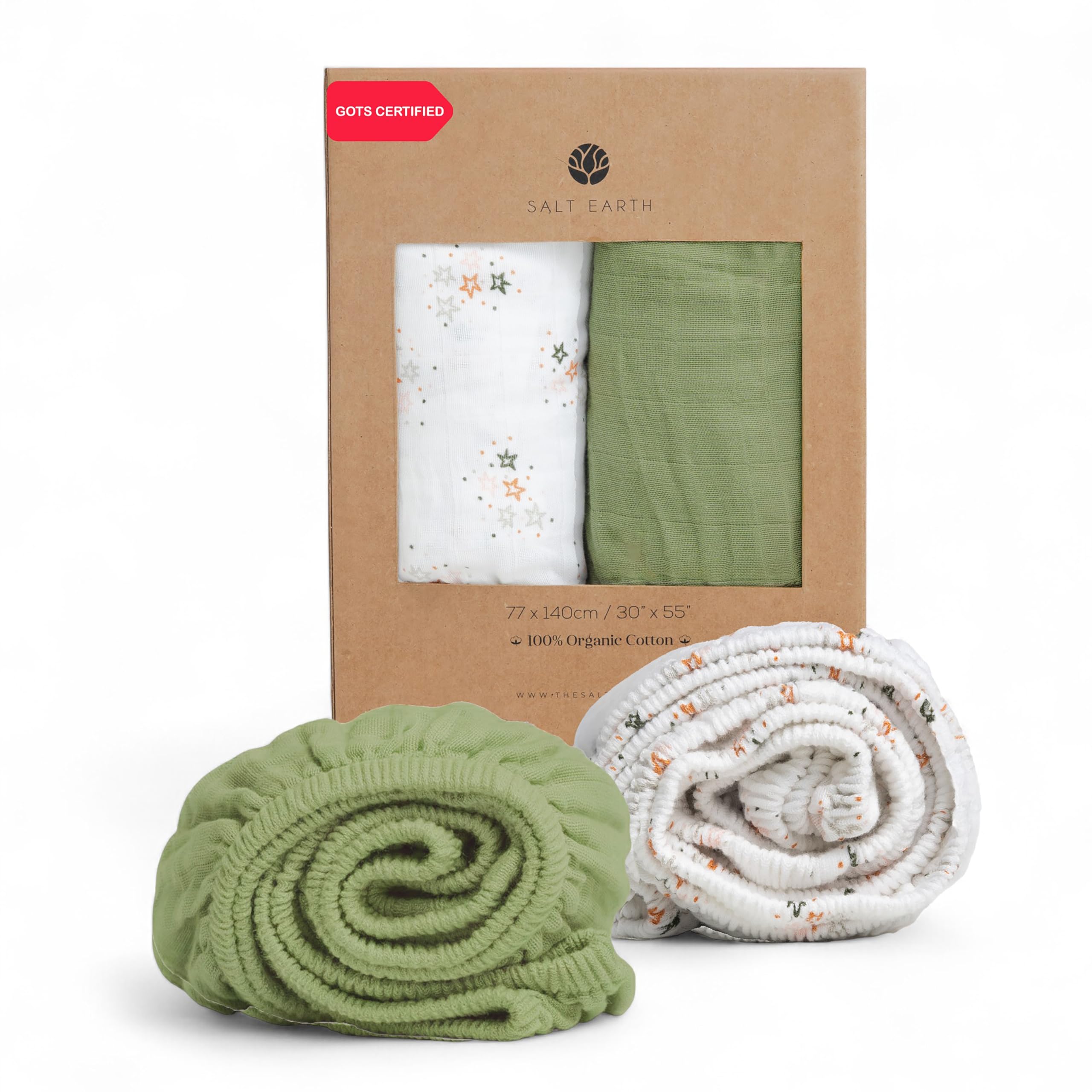 Salt Earth muslin crib sheet with green star design offers snug fit and breathable comfort.