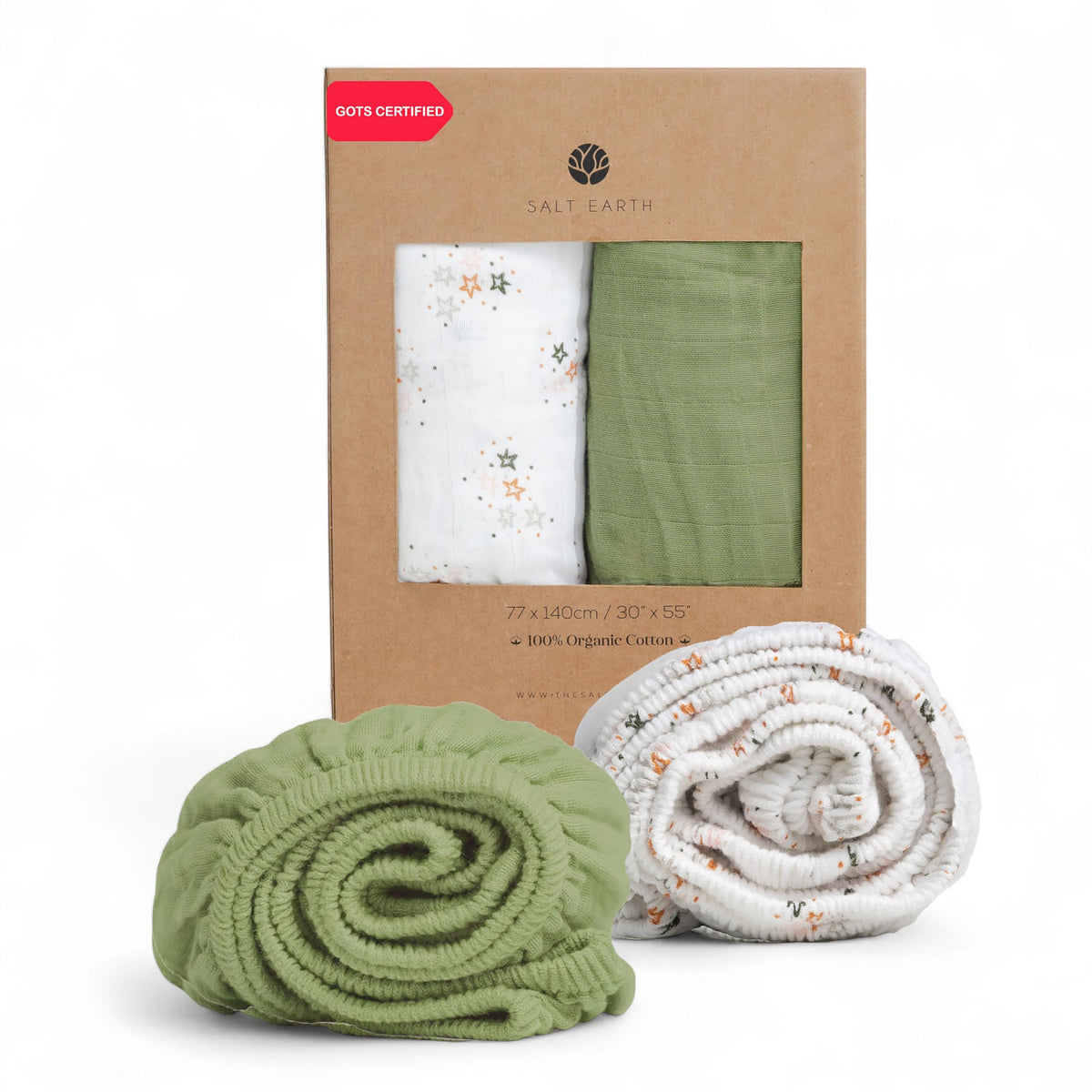 Salt Earth muslin crib sheet with green star design offers snug fit and breathable comfort.