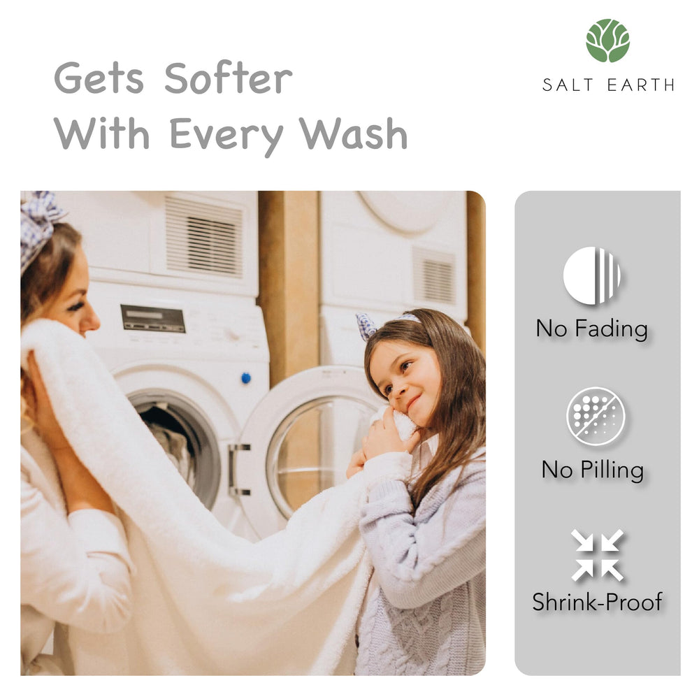 Salt Earth swaddle care instructions icon shows cold wash and air dry.