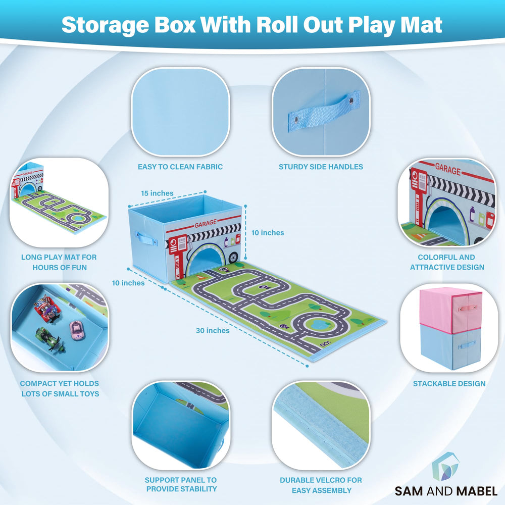 SAM AND MABEL GoGarage box with car rug play mat supports cooperative play