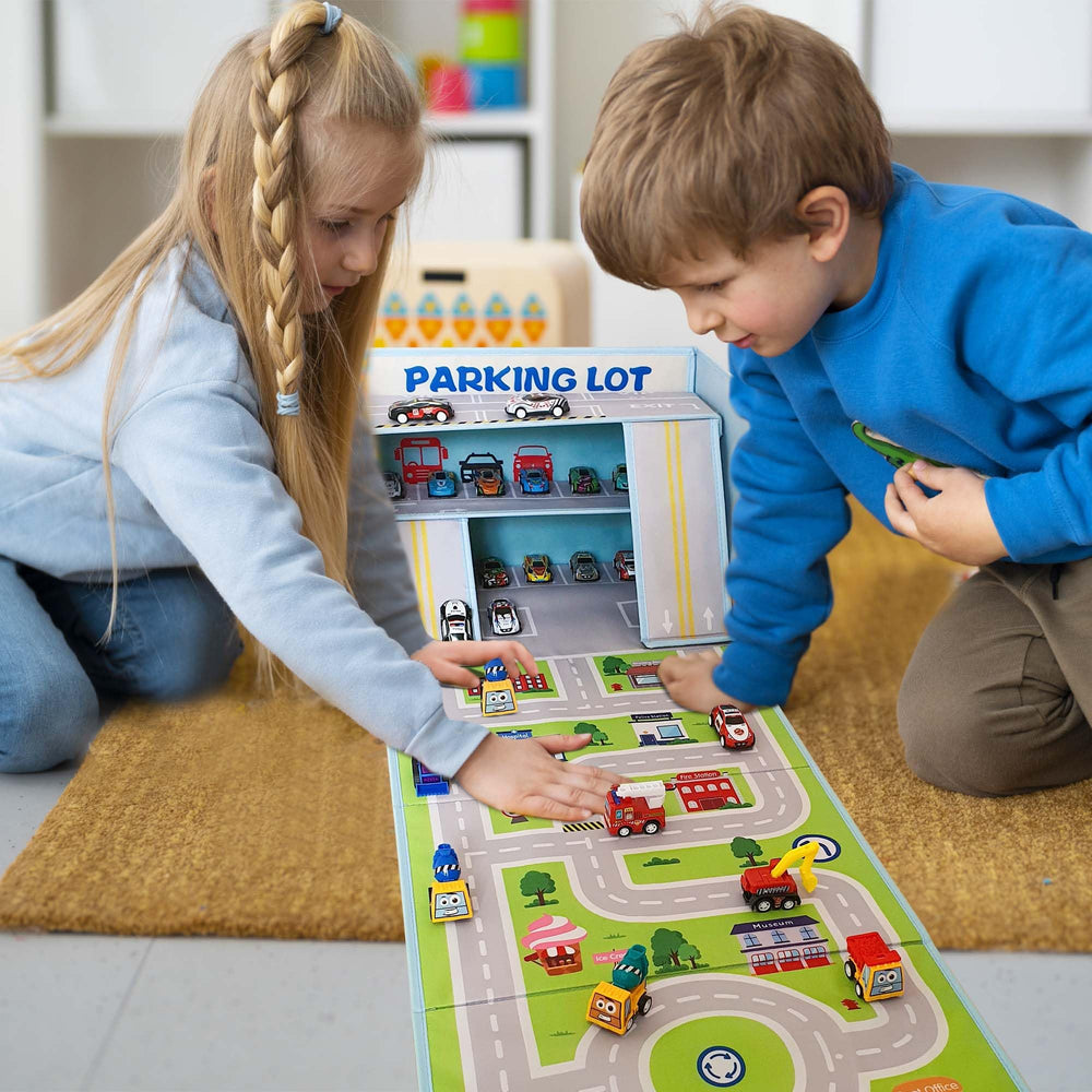Sam and Mabel foldable play mat lid demonstrates easy setup for imaginative play.