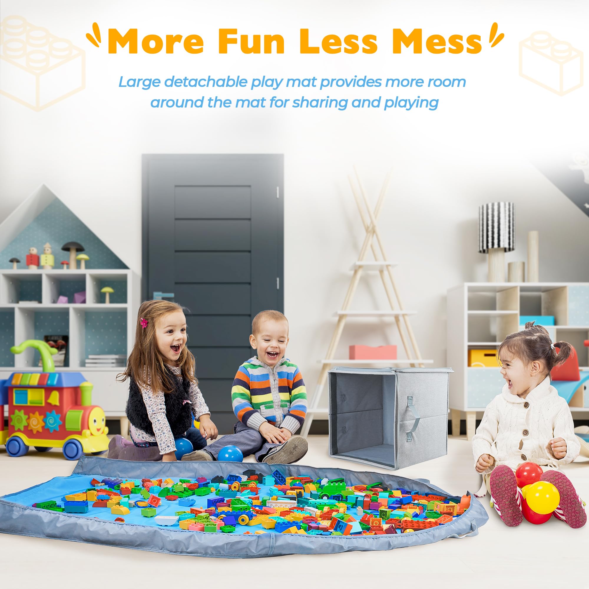 SAM AND MABEL play mat setup image emphasizes large 60x45 inch space for group play.