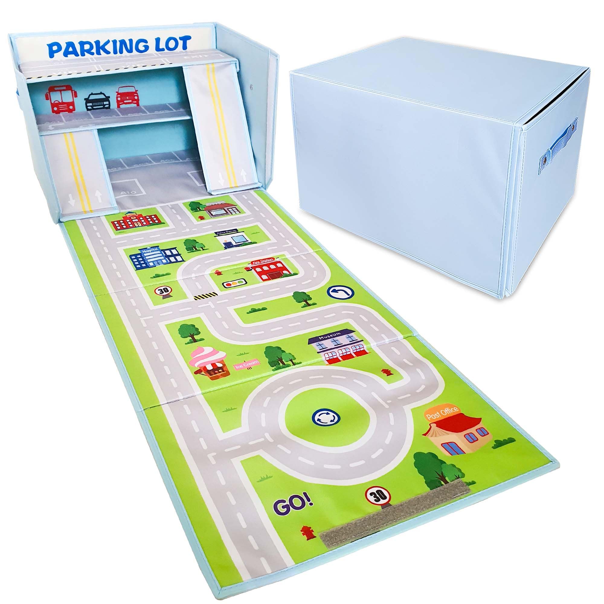 Sam and Mabel toy car garage box offering organized storage for kids' playtime and cleanup.