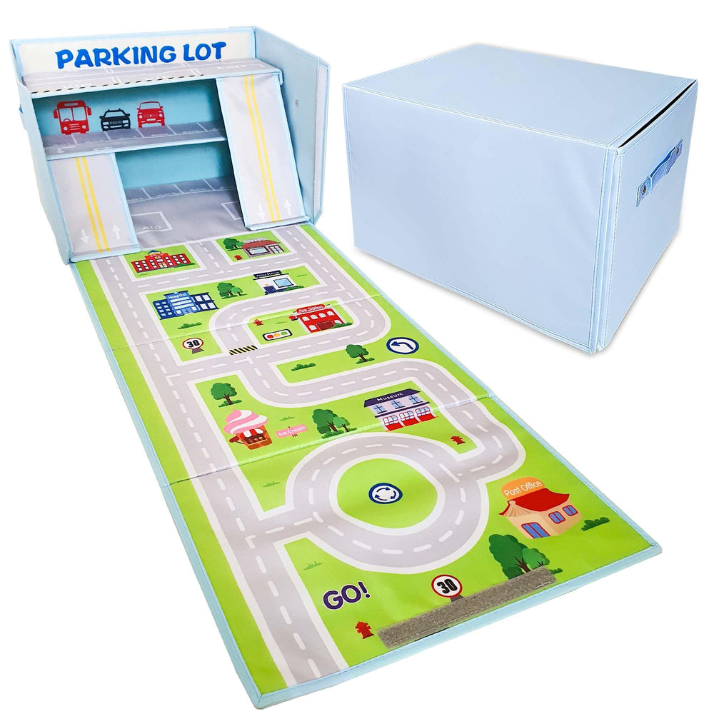 Sam and Mabel toy car garage box offering organized storage for kids' playtime and cleanup.
