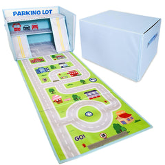 Sam and Mabel toy car garage box offering organized storage for kids' playtime and cleanup.