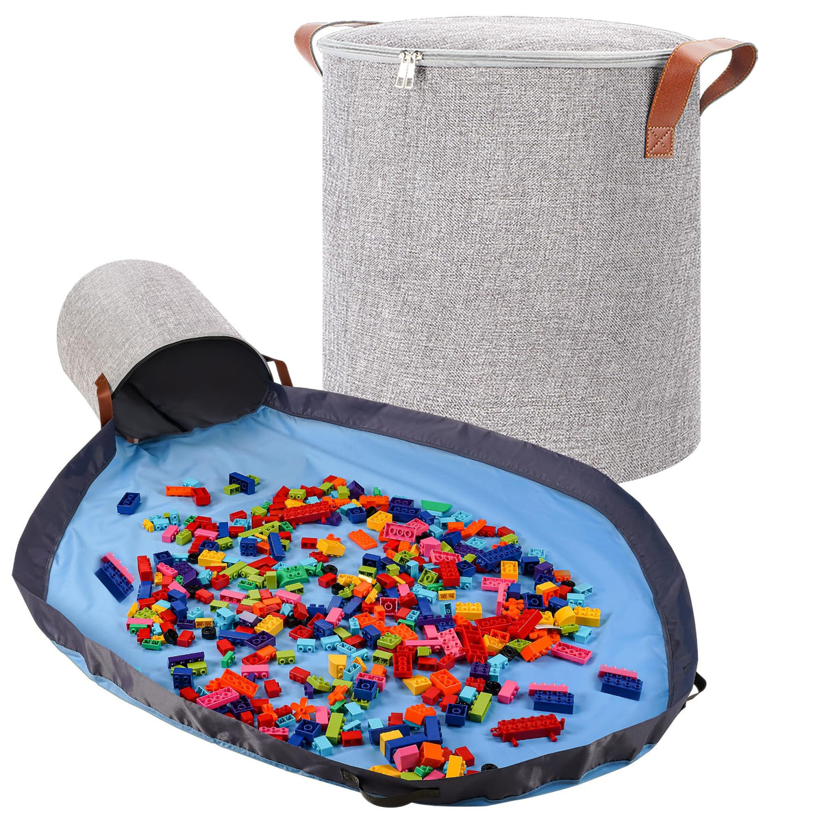 SAM AND MABEL XXL toy storage organizer with play mat keeps toys organized during creative play.