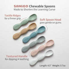 SAMiGO chewable spoon with gum ridges soothes teething during meals.