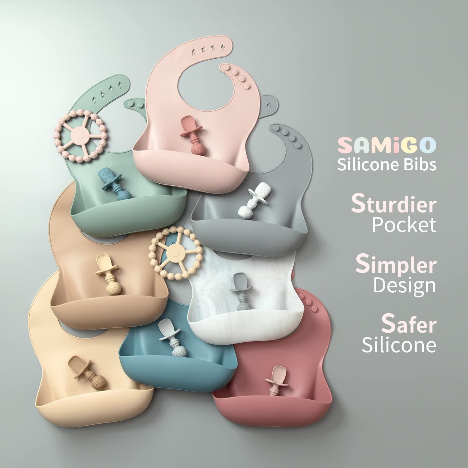 SAMiGO first-stage utensils pack supports early self-feeding readiness.