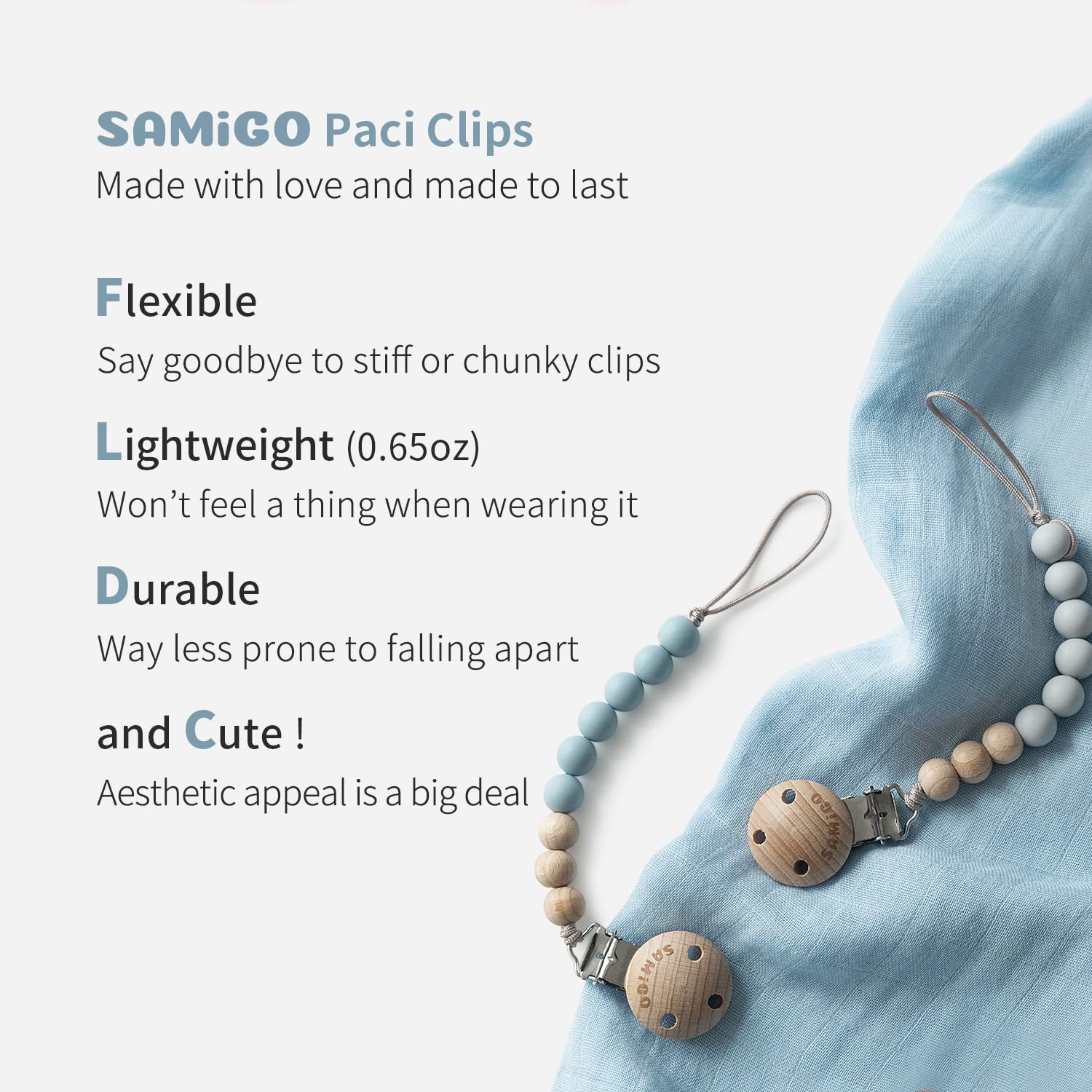 SAMiGO pacifier clips shown on baby clothes for easy reach.
