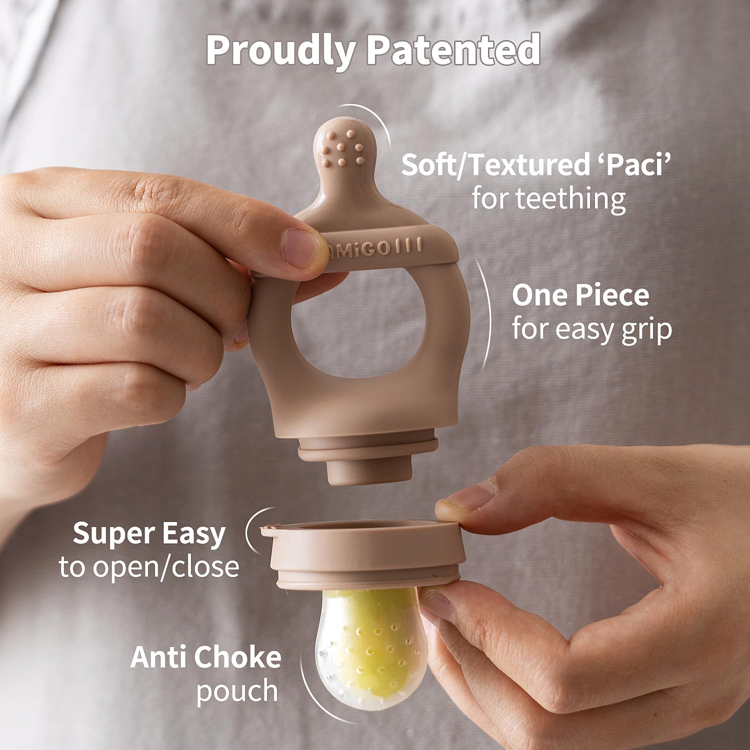 SAMiGO pacifier-style teether relieves teething discomfort during feeding.