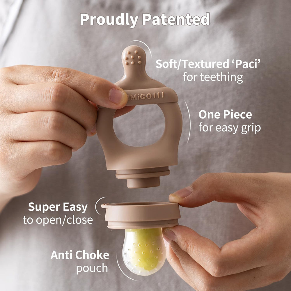 SAMiGO pacifier-style teether relieves teething discomfort during feeding.