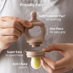 SAMiGO pacifier-style teether relieves teething discomfort during feeding.