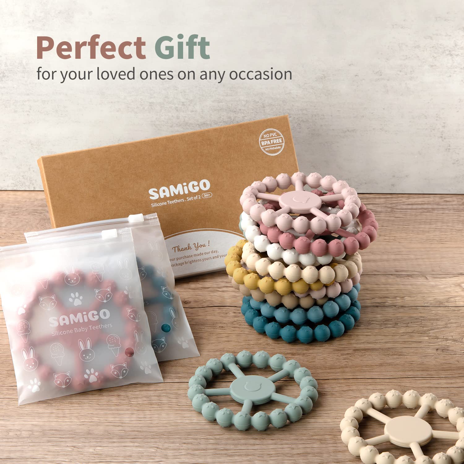 SAMiGO Ring teether one-piece silicone construction for durability.