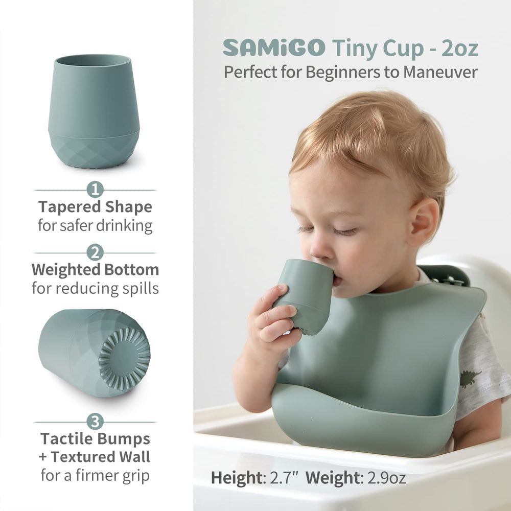 SAMiGO 2oz silicone cup sized for tiny hands and small sips.