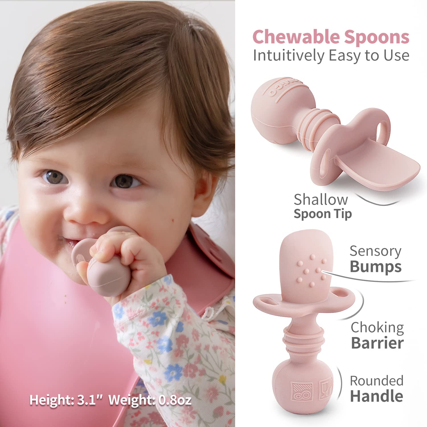 SAMiGO chewable spoons feature textured bumps and a stopper for safe feeding.