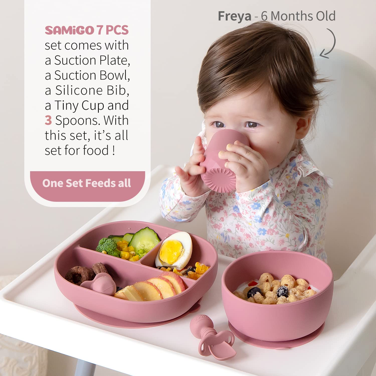 SAMiGO suction bowl sticks to tables, helping keep meals centered during BLW.