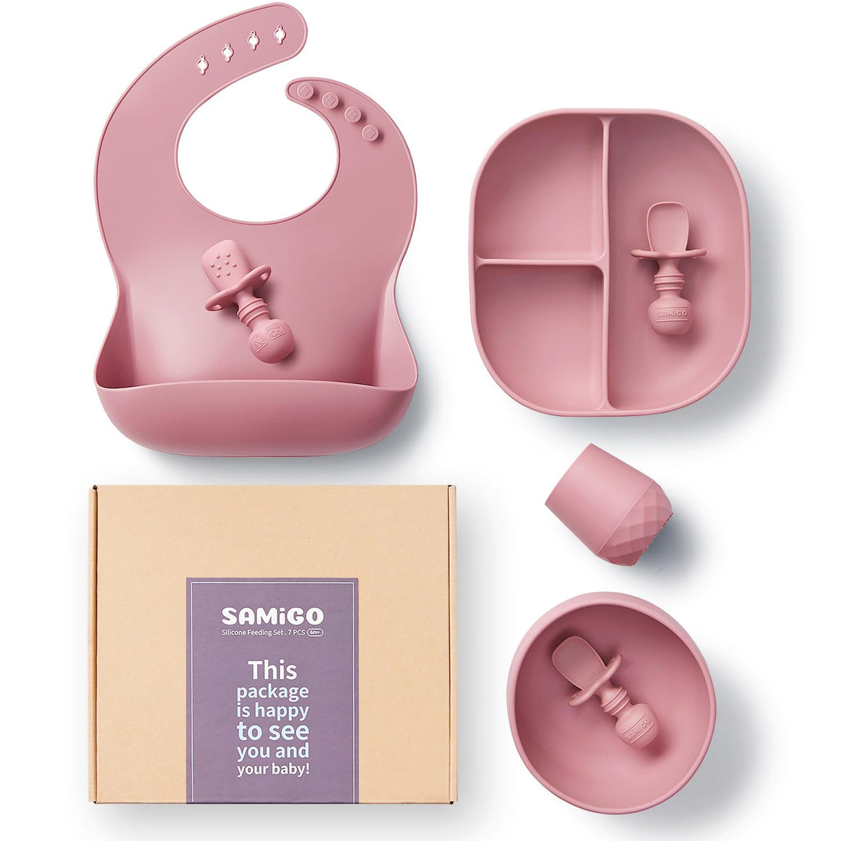 SAMiGO silicone baby feeding set suction plate demonstrates strong grip for mess-free meals.