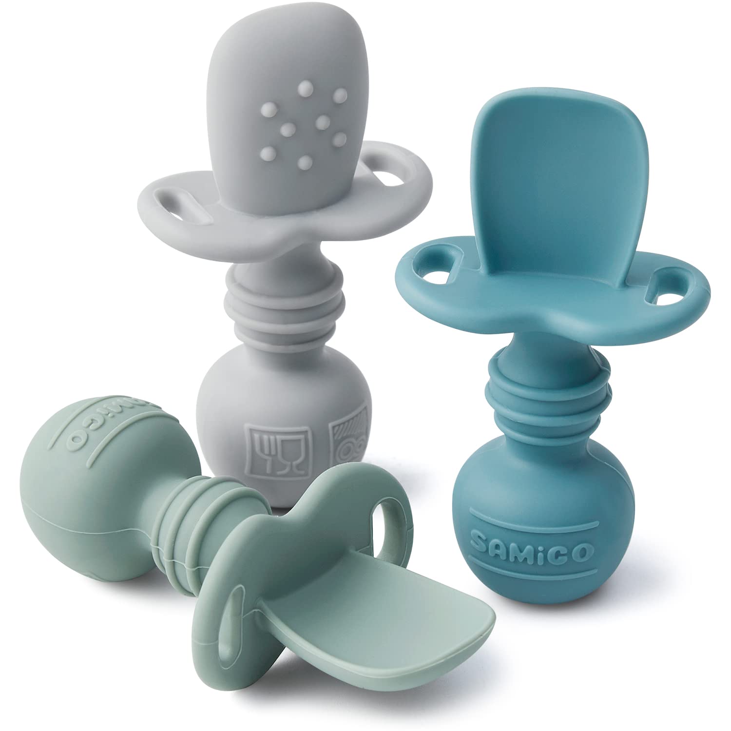 SAMiGO silicone baby spoons with head texture aid self-feeding and sensory exploration.