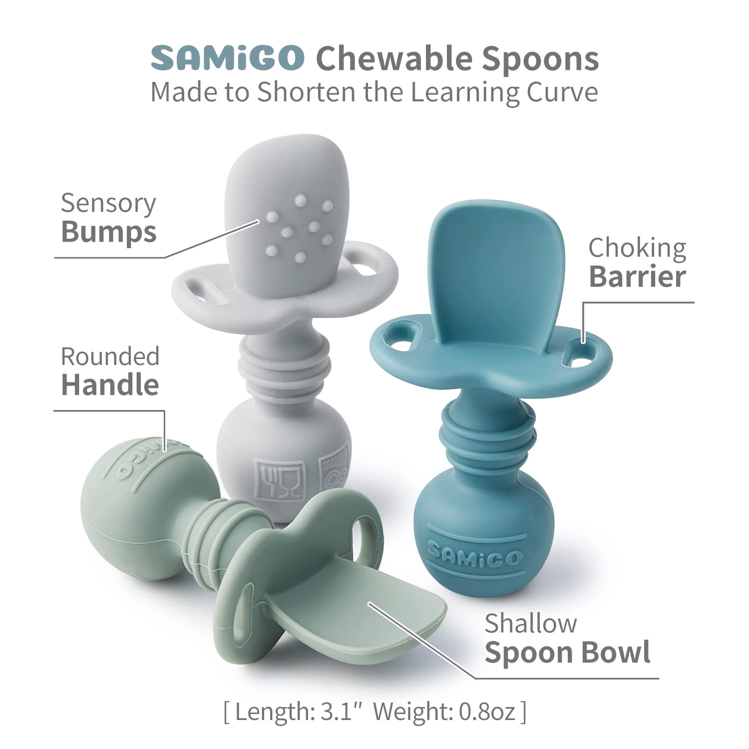 SAMiGO bite-friendly silicone spoon design supports early munching.