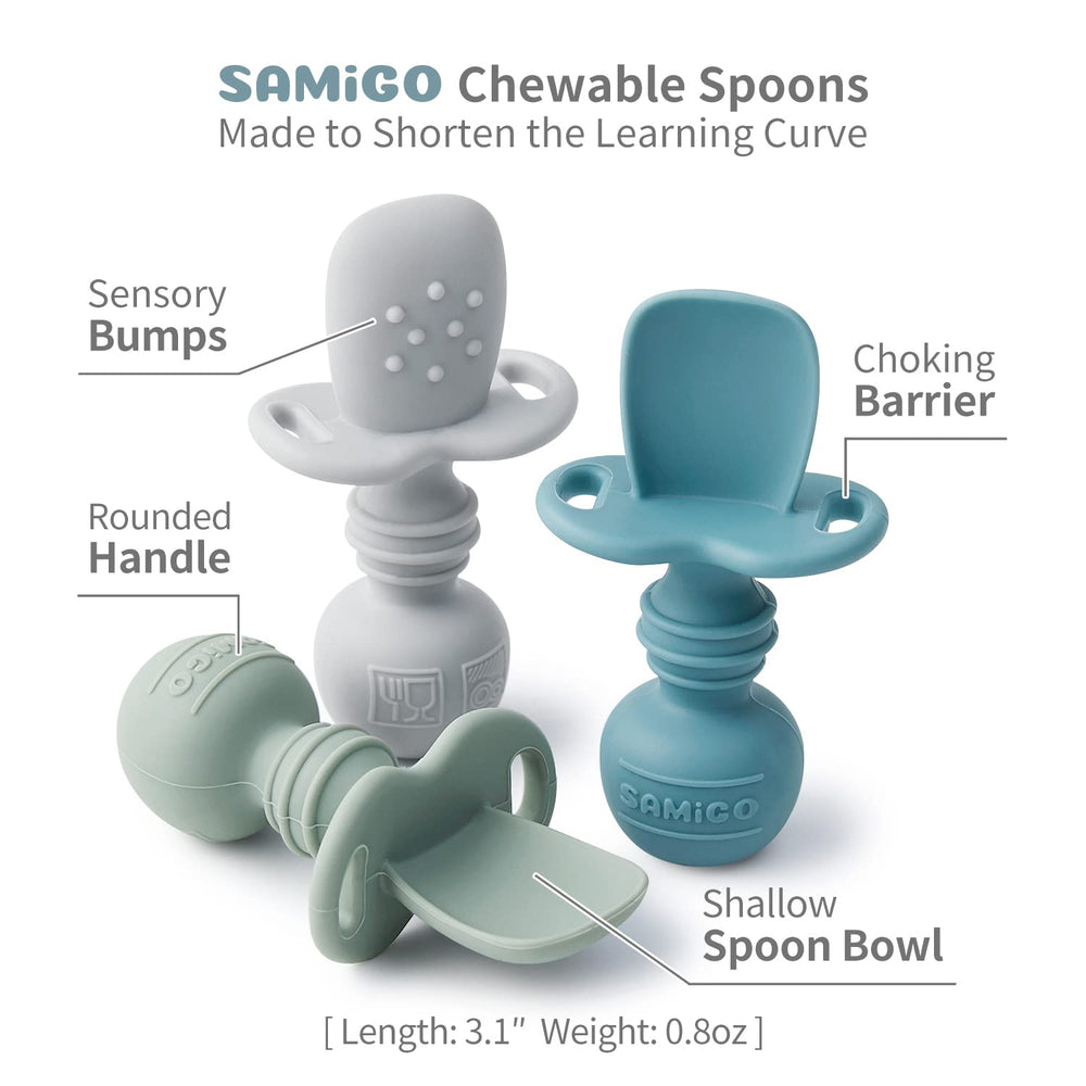 SAMiGO bite-friendly silicone spoon design supports early munching.