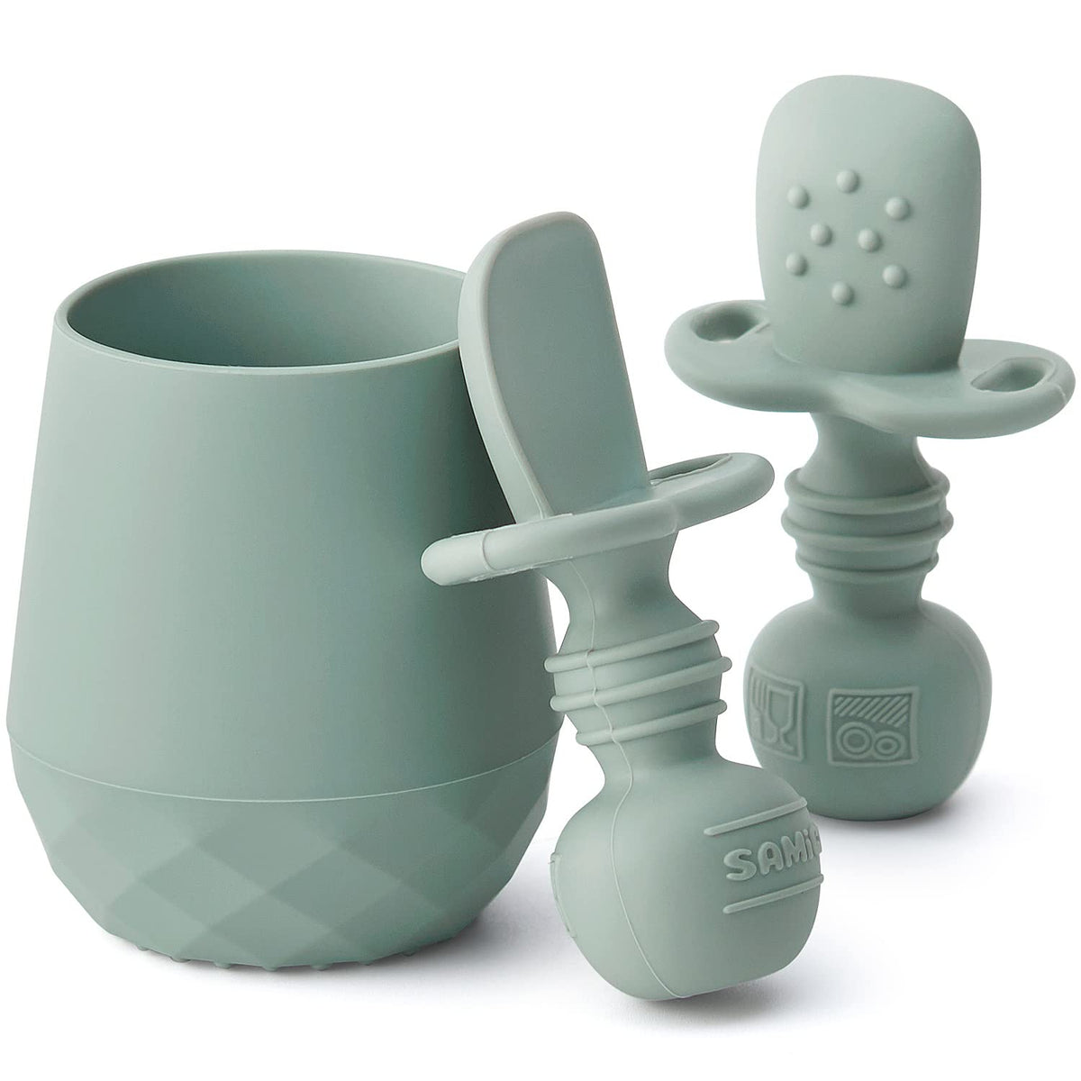 SAMiGO silicone baby utensils with stubby-handle spoon for easy self-feeding and grip.