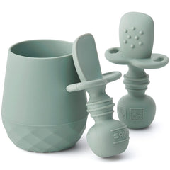 SAMiGO silicone baby utensils with stubby-handle spoon for easy self-feeding and grip.