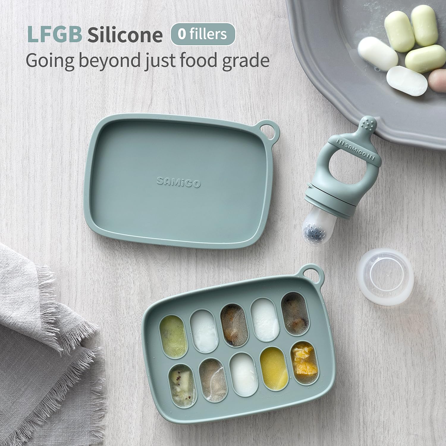 SAMiGO silicone soft pouch design shown for easy feeding and gentle chewing
