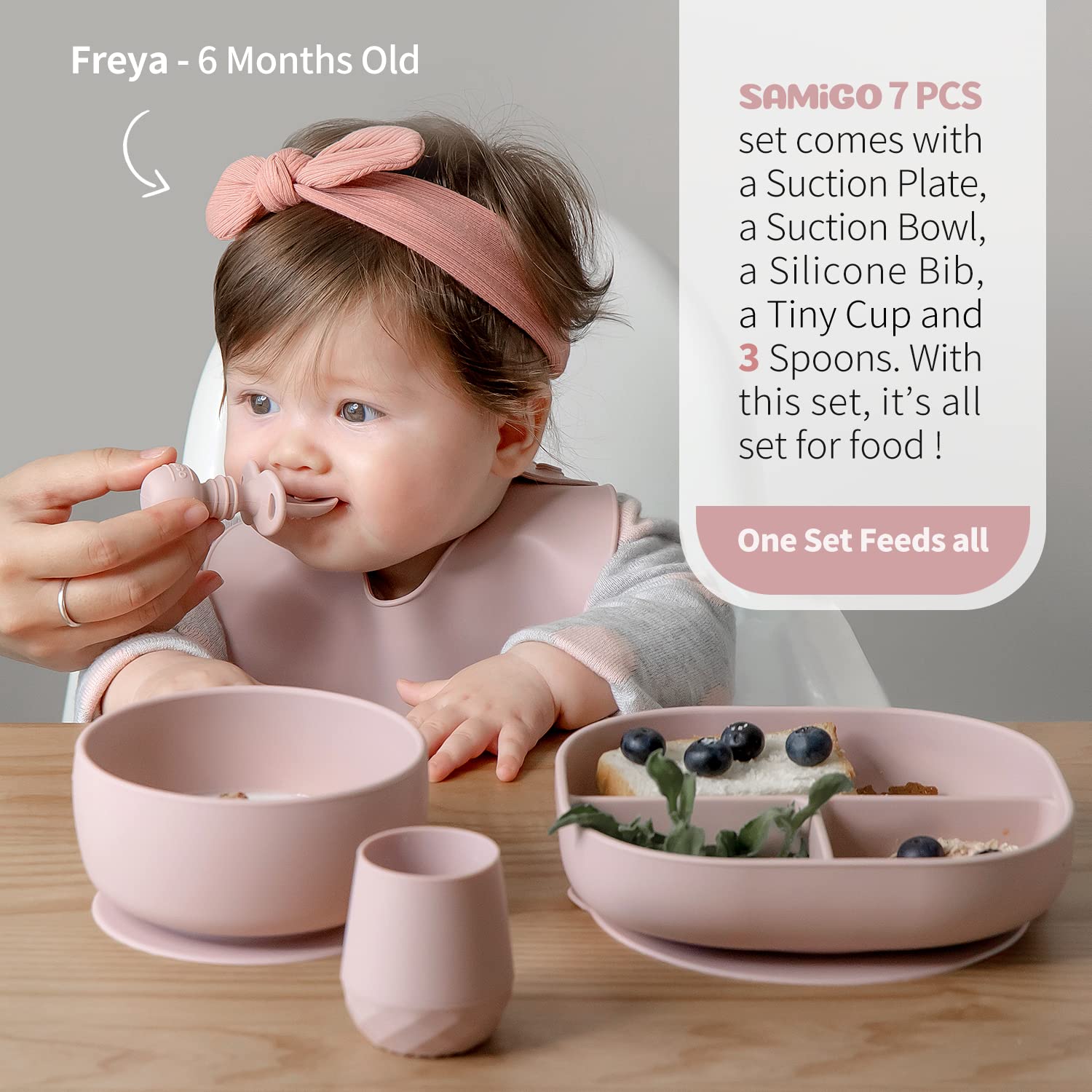 SAMiGO suction bowl securely grips surfaces to minimize spills during meals.